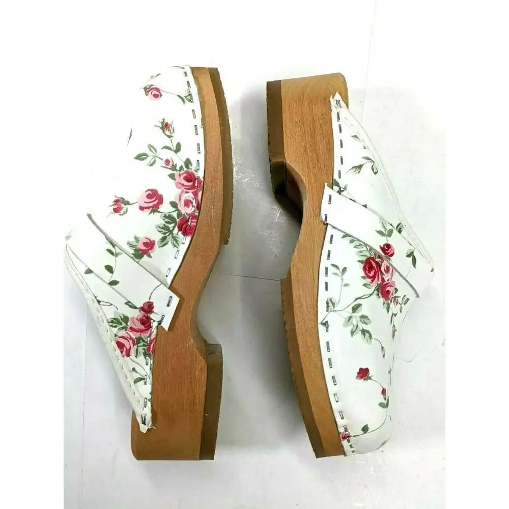 Holland Simson Girls Floral Leather Clogs 2 3 US Size 32 EU Fleuriste Pink White